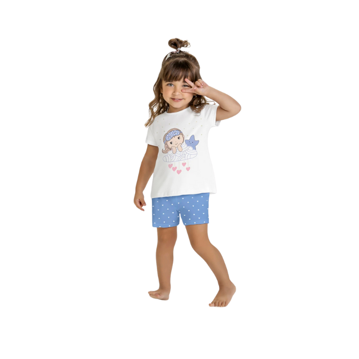 Pijama Curto Menina Brilha no Escuro Kyly – Branco e Azul