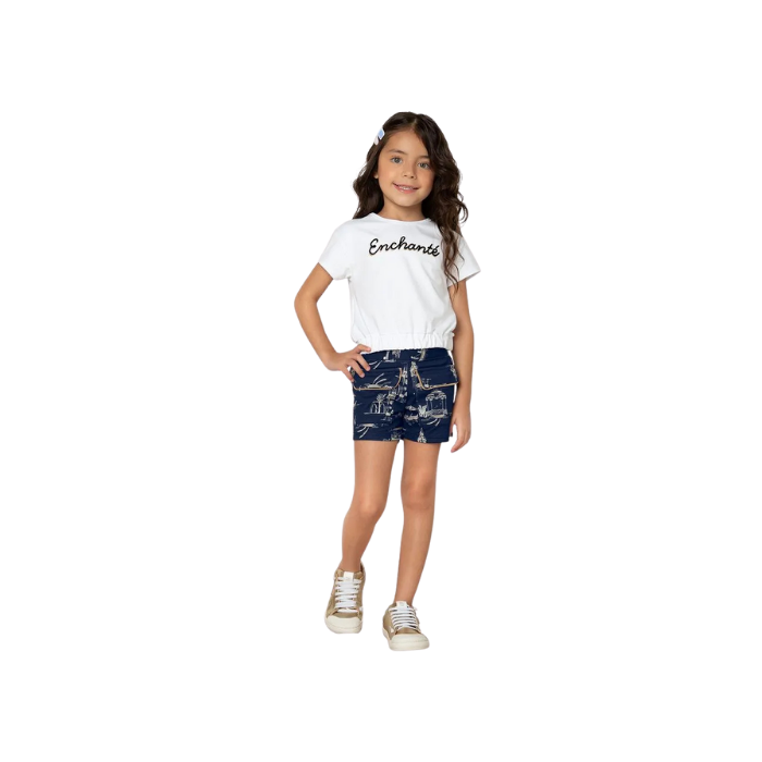 Conjunto Infantil Menina Blusa Cropped e Short Estampado Milon